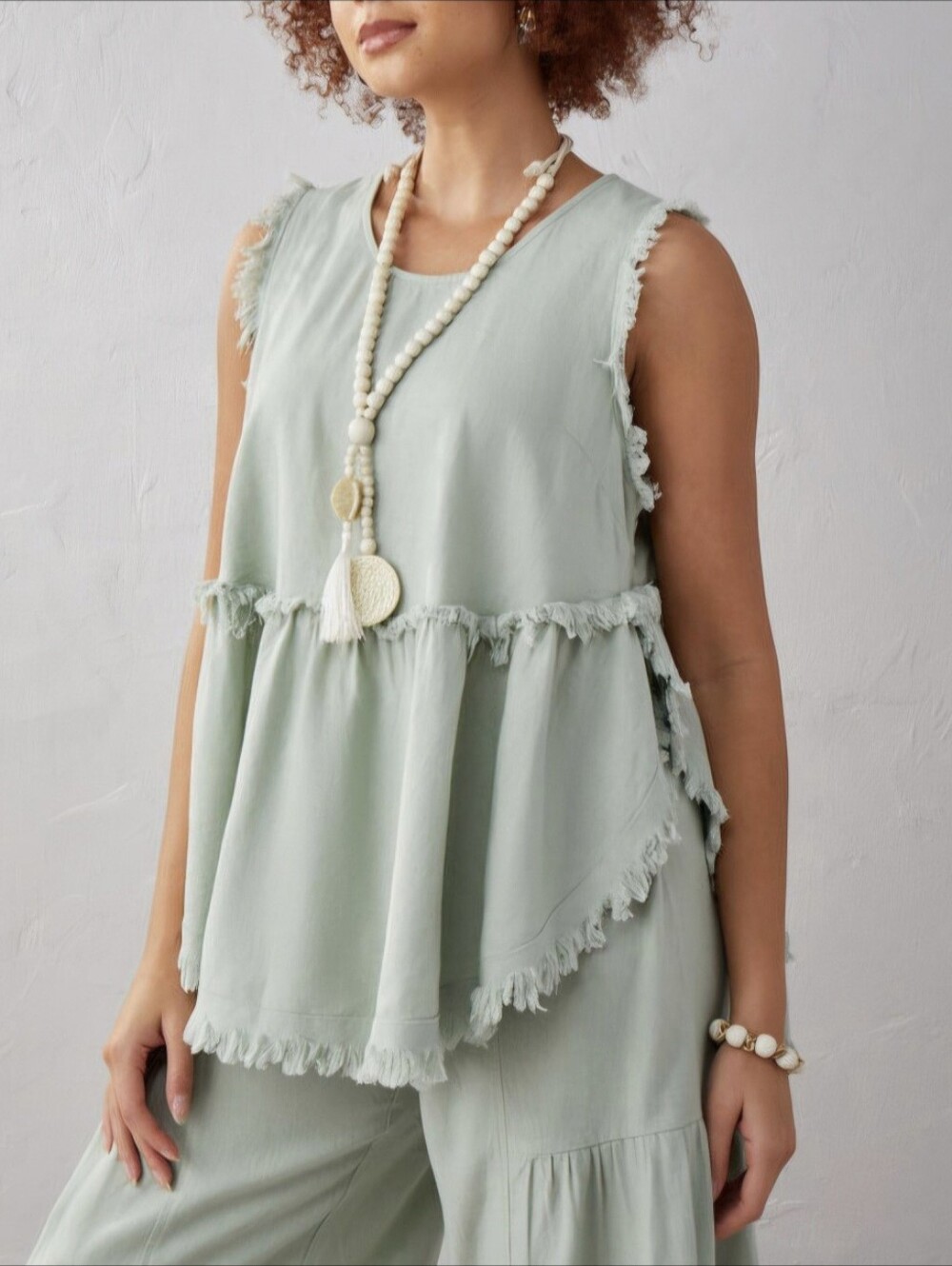 Charlie Paige Sage Green Ruffle Tiered Sleeveless Tunic-Size:L